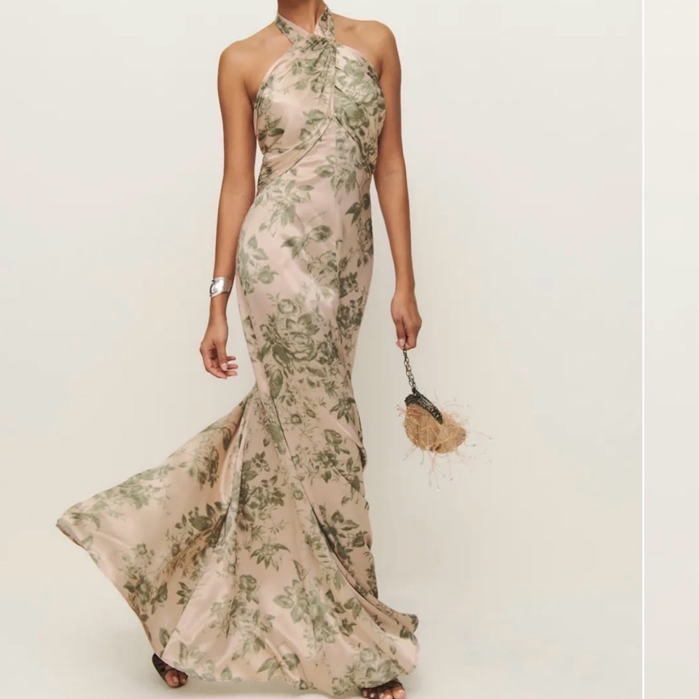 Reformation Veria Silk Nude Green Floral Halter Maxi Dress
